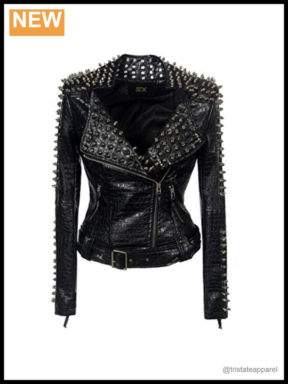 Women's Faux Leather Moto Jacket with Rivets Punk Rock Biker Coat